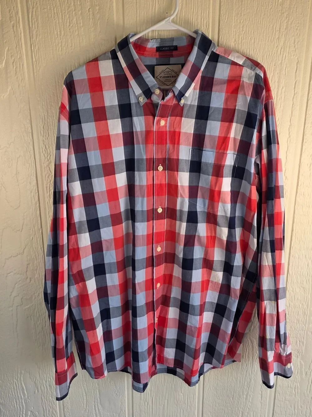 Men's St. John's Bay Red, Navy & Light Blue Plaid Button-Down Shirt, Size XL